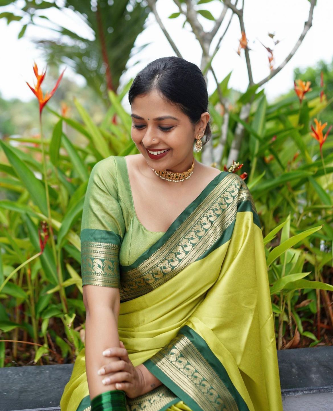 Angelic Parrot Green Color Soft Lichi Silk Saree With Blouse Piece