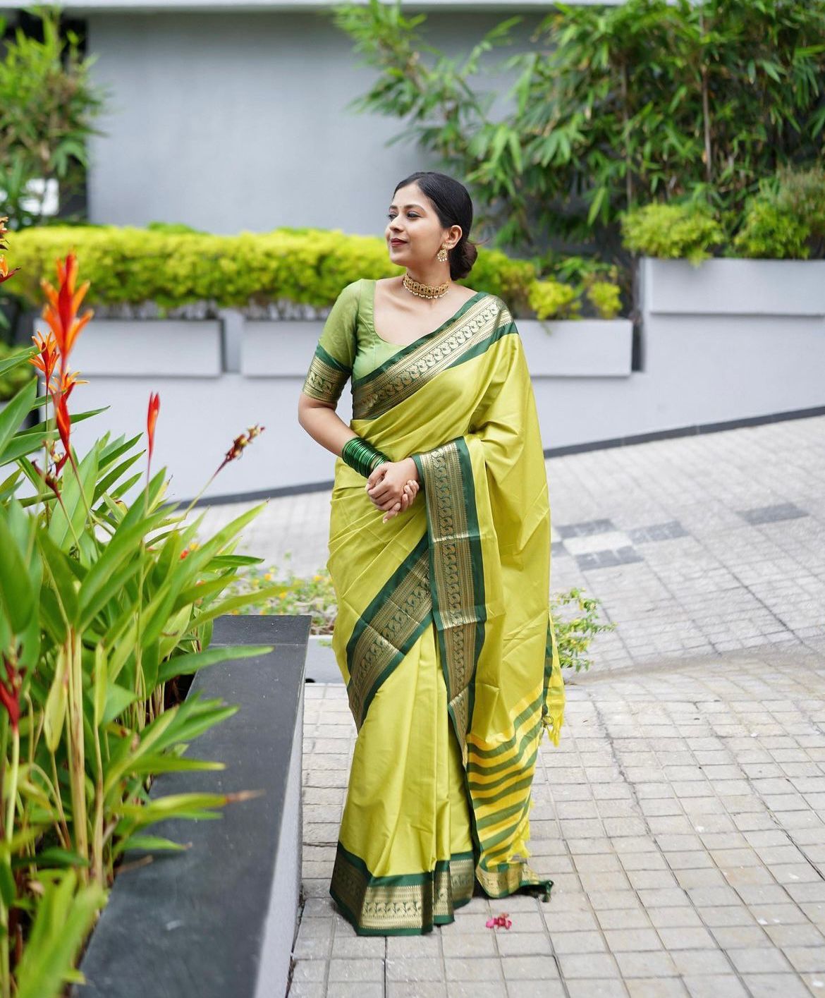 Angelic Parrot Green Color Soft Lichi Silk Saree With Blouse Piece