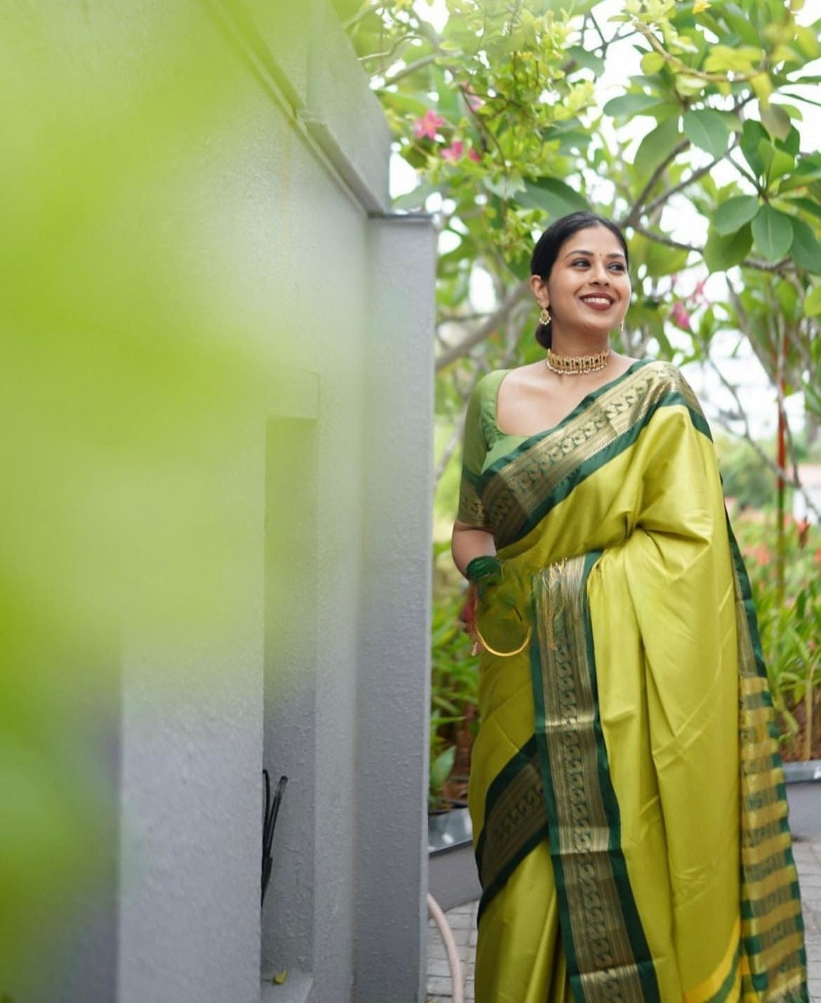 Angelic Parrot Green Color Soft Lichi Silk Saree With Blouse Piece