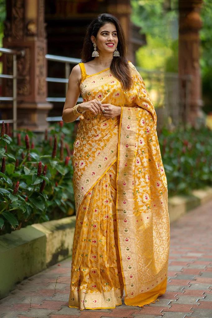 Splendid Yellow Color Soft Lichi Silk Saree With Blouse Piece