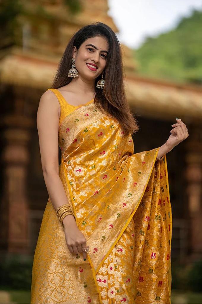 Splendid Yellow Color Soft Lichi Silk Saree With Blouse Piece