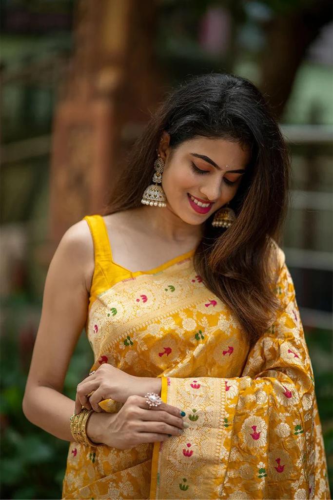 Splendid Yellow Color Soft Lichi Silk Saree With Blouse Piece