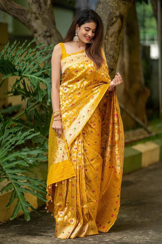 Splendid Yellow Color Soft Lichi Silk Saree With Blouse Piece