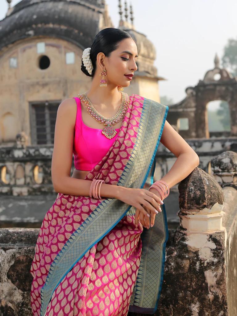 Enigmatic Dark Pink Color Soft Lichi Silk Saree With Blouse Piece