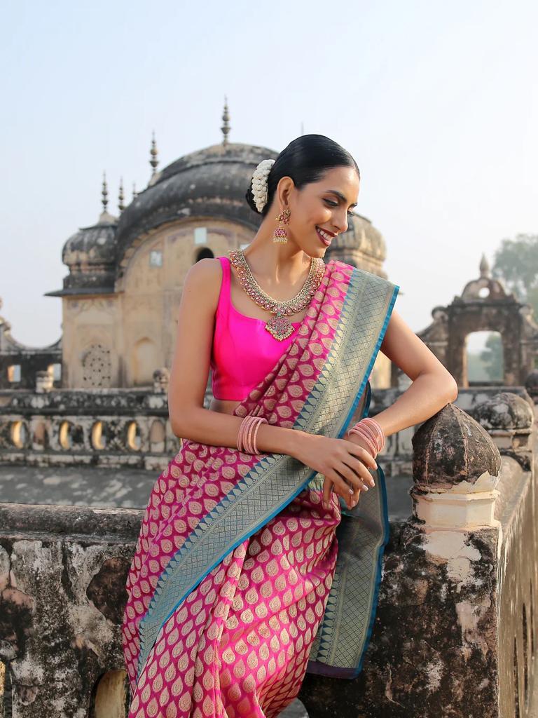 Enigmatic Dark Pink Color Soft Lichi Silk Saree With Blouse Piece