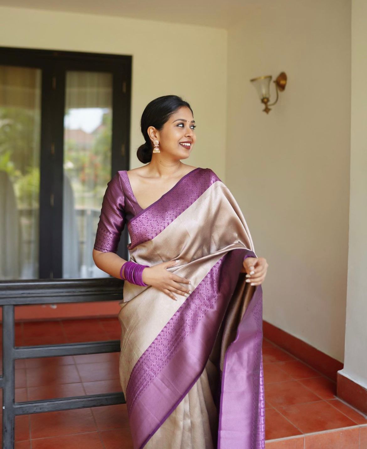 Charming Beige Color Soft Lichi Silk Saree With Blouse Piece