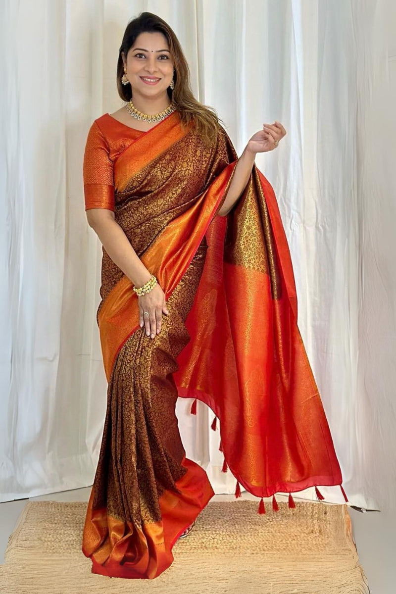 Enthralling Brown Color Soft Lichi Silk Saree With Blouse Piece