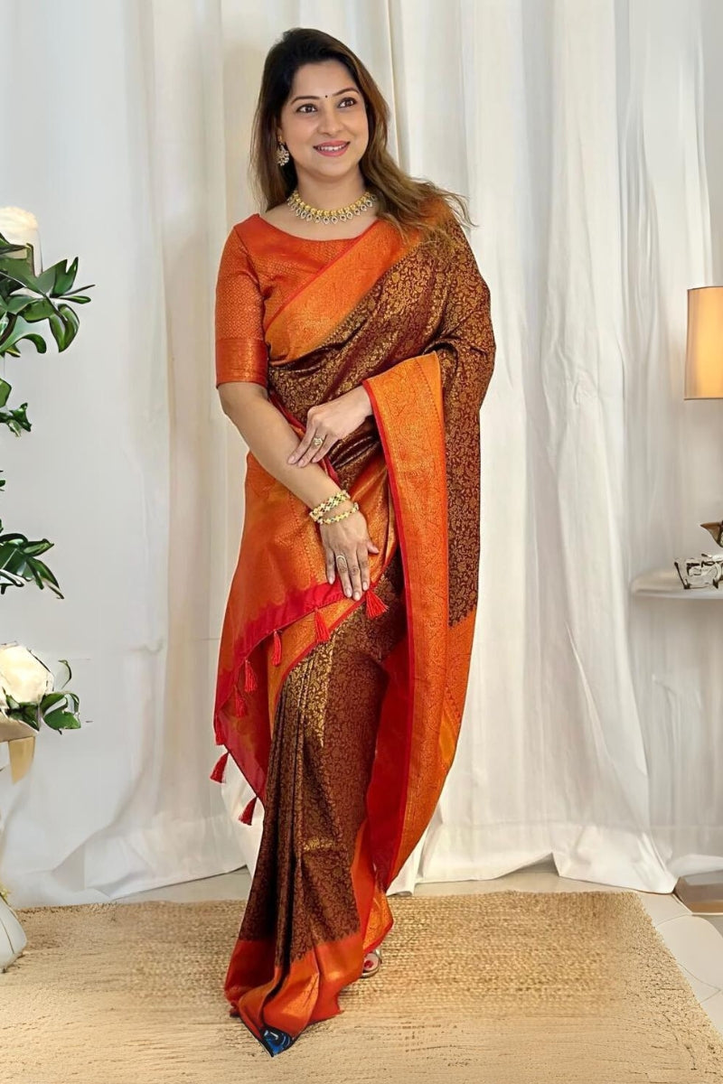 Enthralling Brown Color Soft Lichi Silk Saree With Blouse Piece