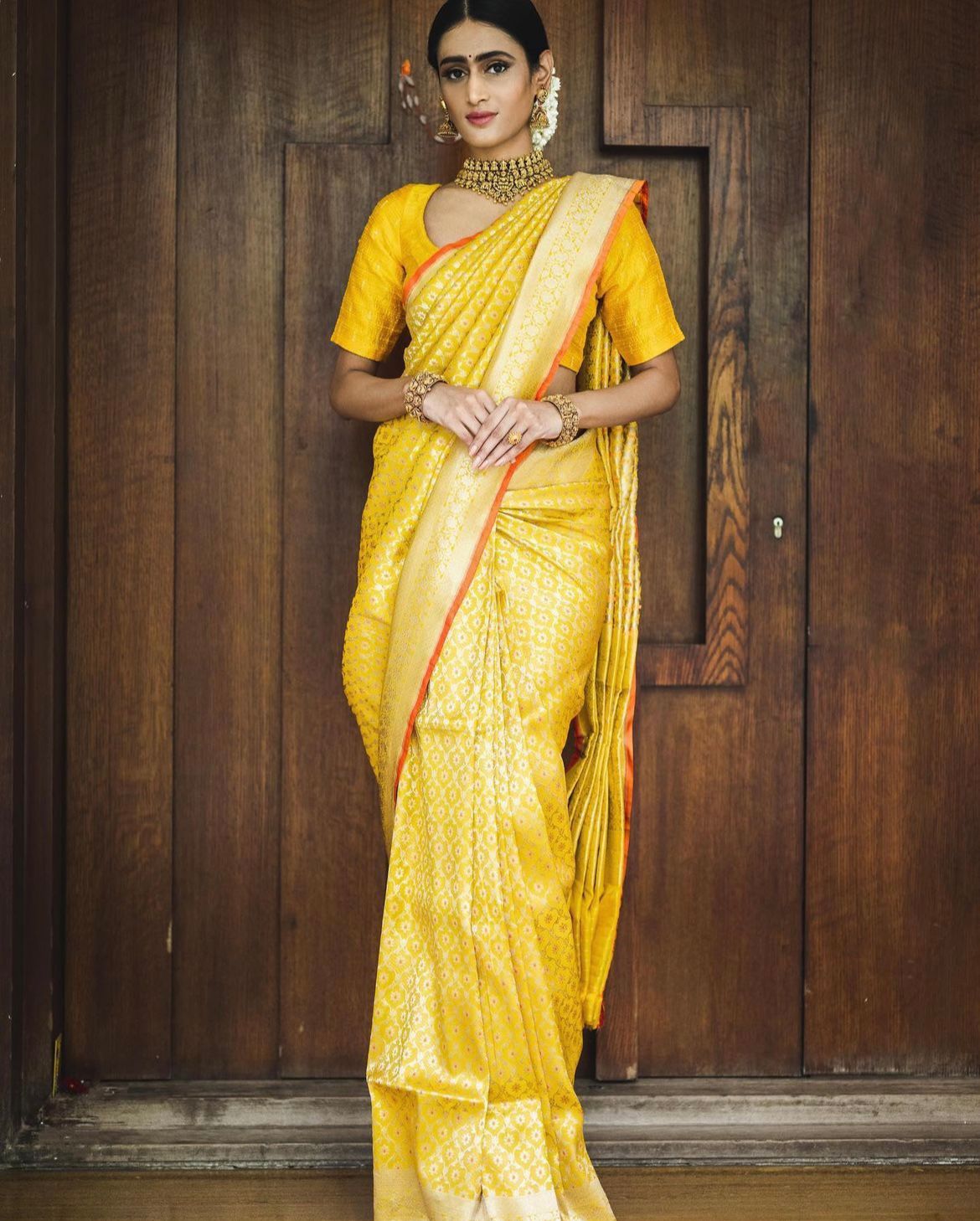 Glamorous Yellow Color Soft Lichi Silk Saree With Blouse Piece