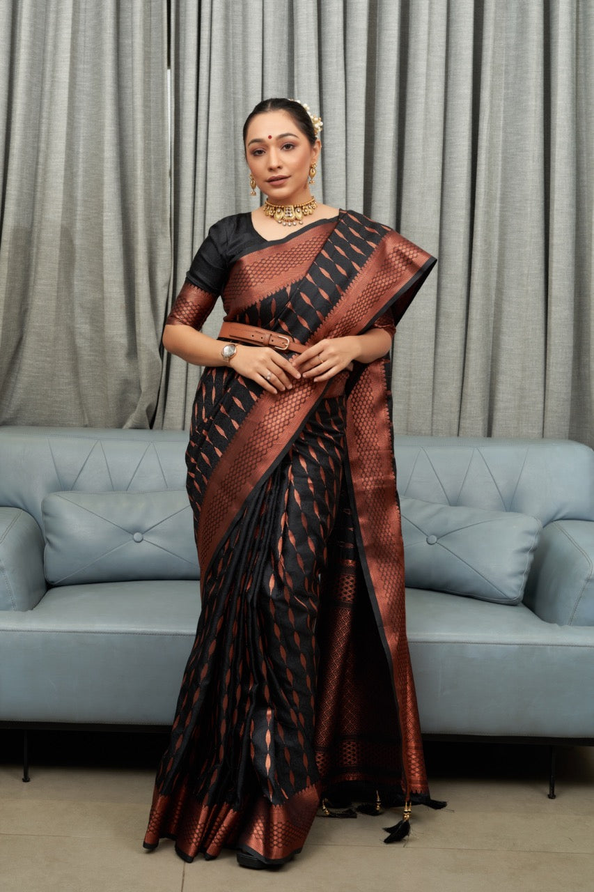 Fervent Black Color Soft Lichi Silk Saree With Blouse Piece