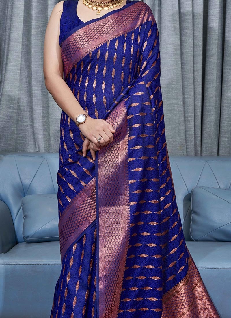 Enchanting Blue Color Soft Lichi Silk Saree With Blouse Piece