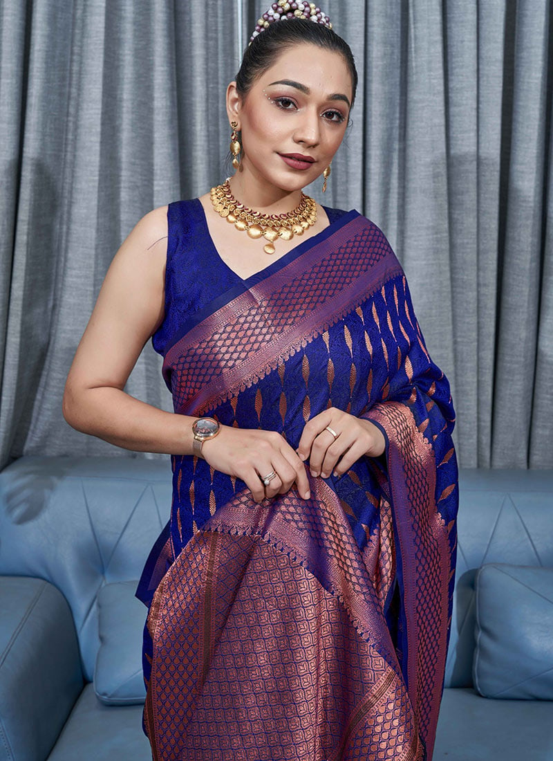 Enchanting Blue Color Soft Lichi Silk Saree With Blouse Piece