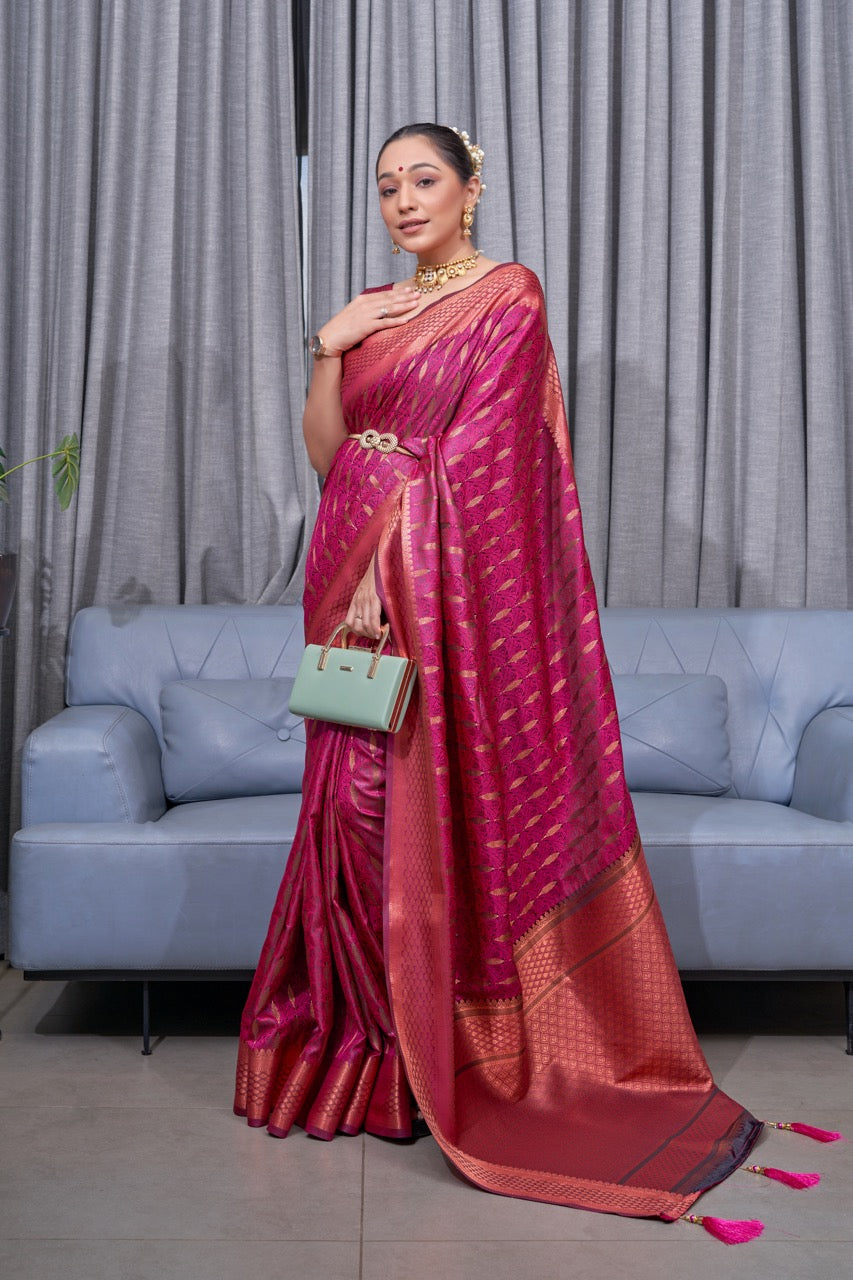 Captivating Dark Pink Color Soft Lichi Silk Saree With Blouse Piece