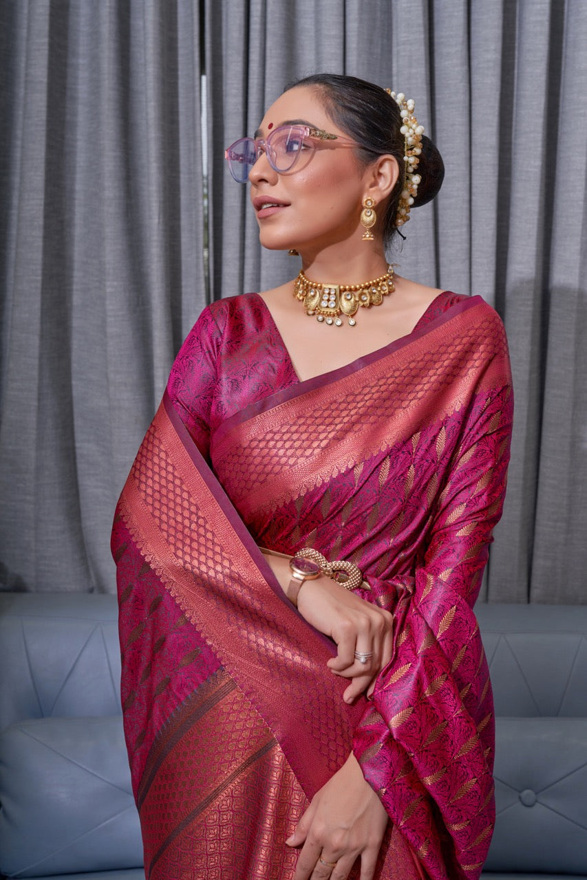 Captivating Dark Pink Color Soft Lichi Silk Saree With Blouse Piece