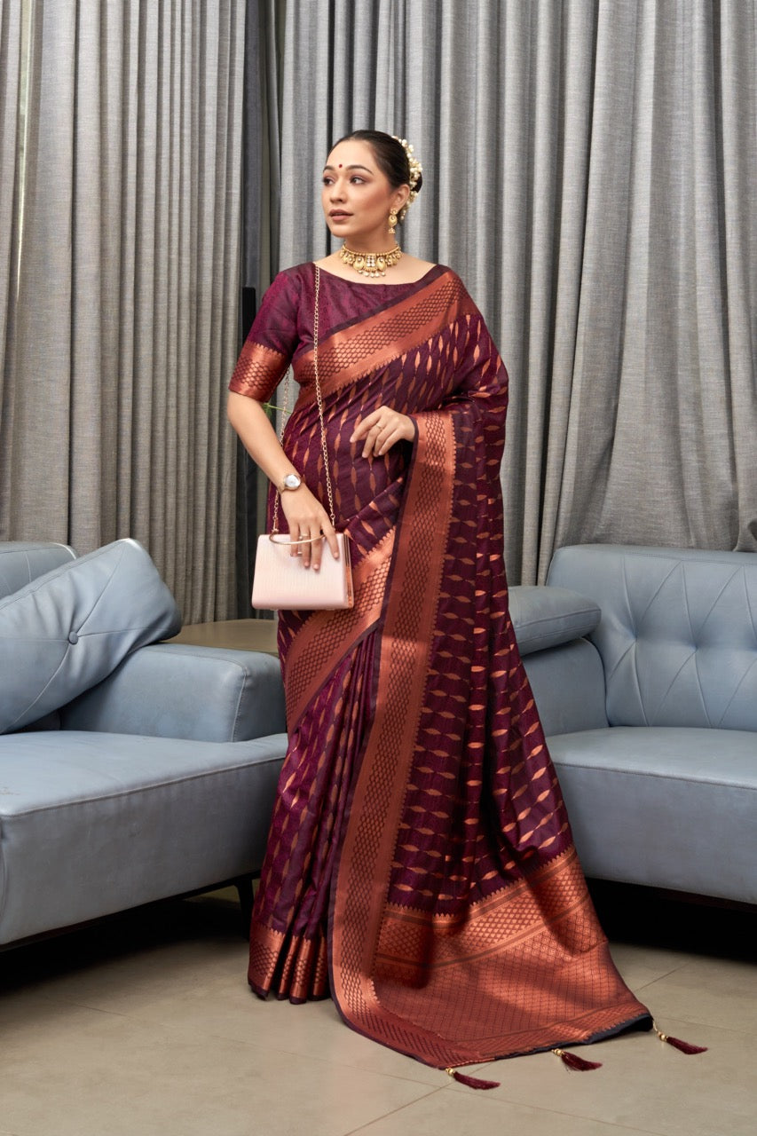 Elegance Wine Color Soft Lichi Silk Saree With Blouse Piece