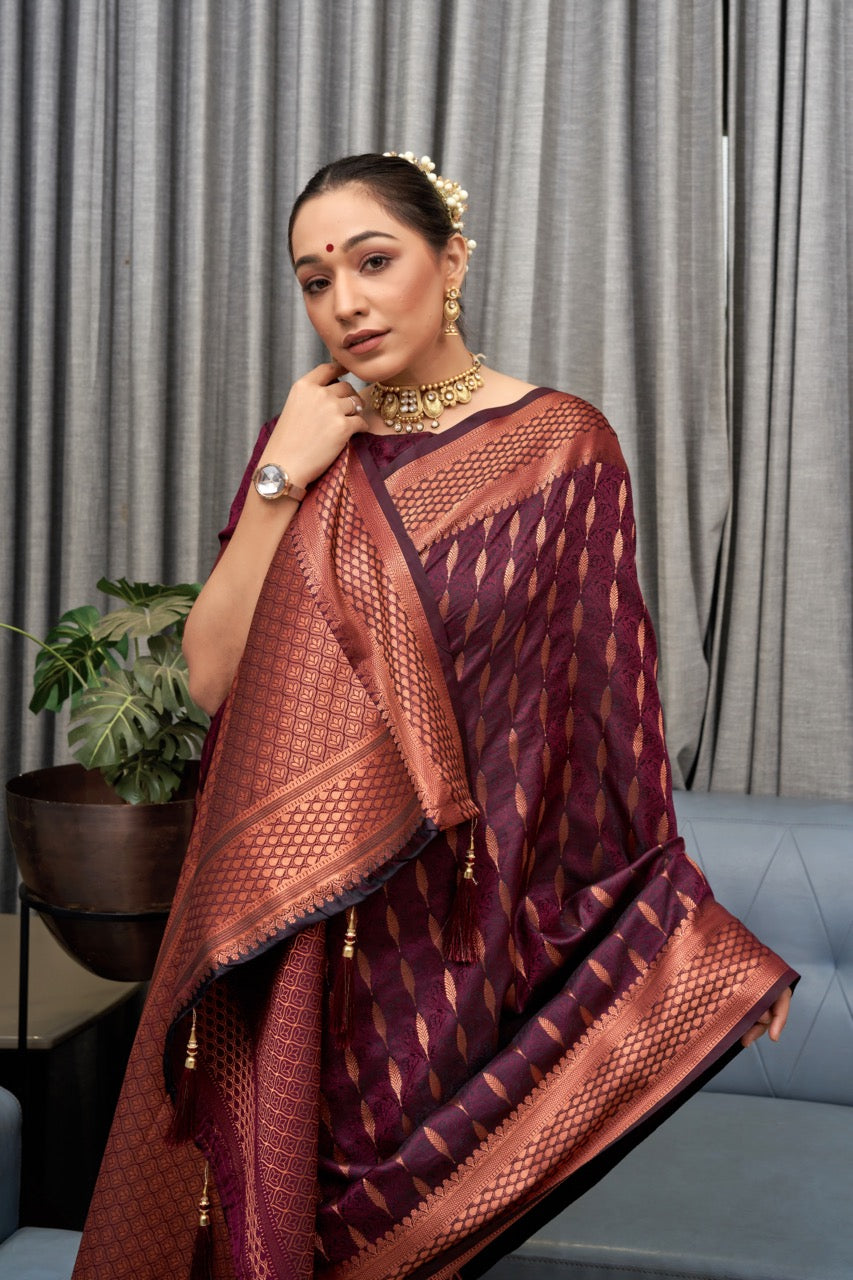 Elegance Wine Color Soft Lichi Silk Saree With Blouse Piece