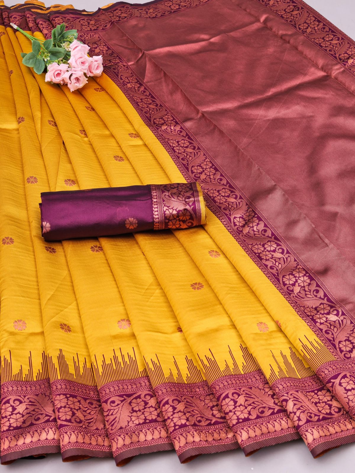 Luminous Yellow Color Soft Lichi Silk Saree With Blouse Piece