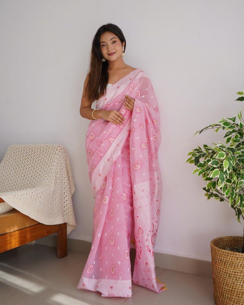 Radiating Baby Pink Color Cotton Linen Silk Saree With Blouse Piece