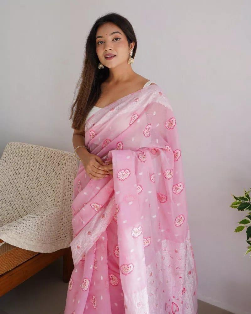 Radiating Baby Pink Color Cotton Linen Silk Saree With Blouse Piece