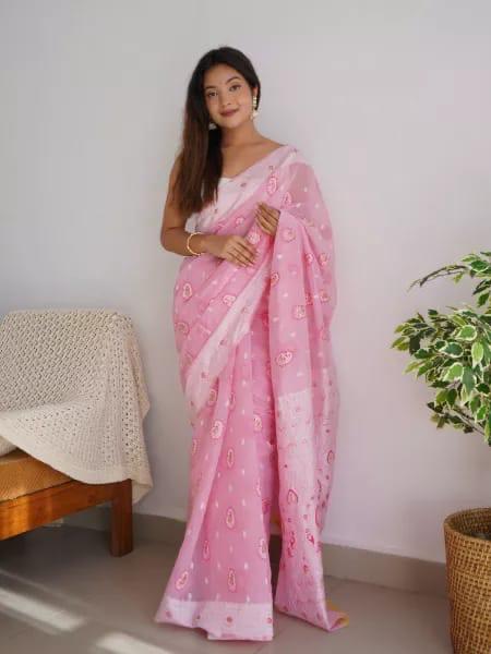 Radiating Baby Pink Color Cotton Linen Silk Saree With Blouse Piece