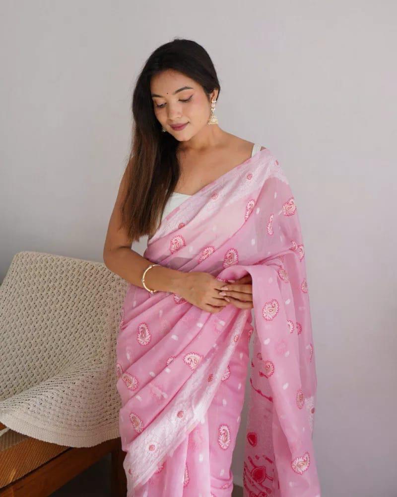 Radiating Baby Pink Color Cotton Linen Silk Saree With Blouse Piece