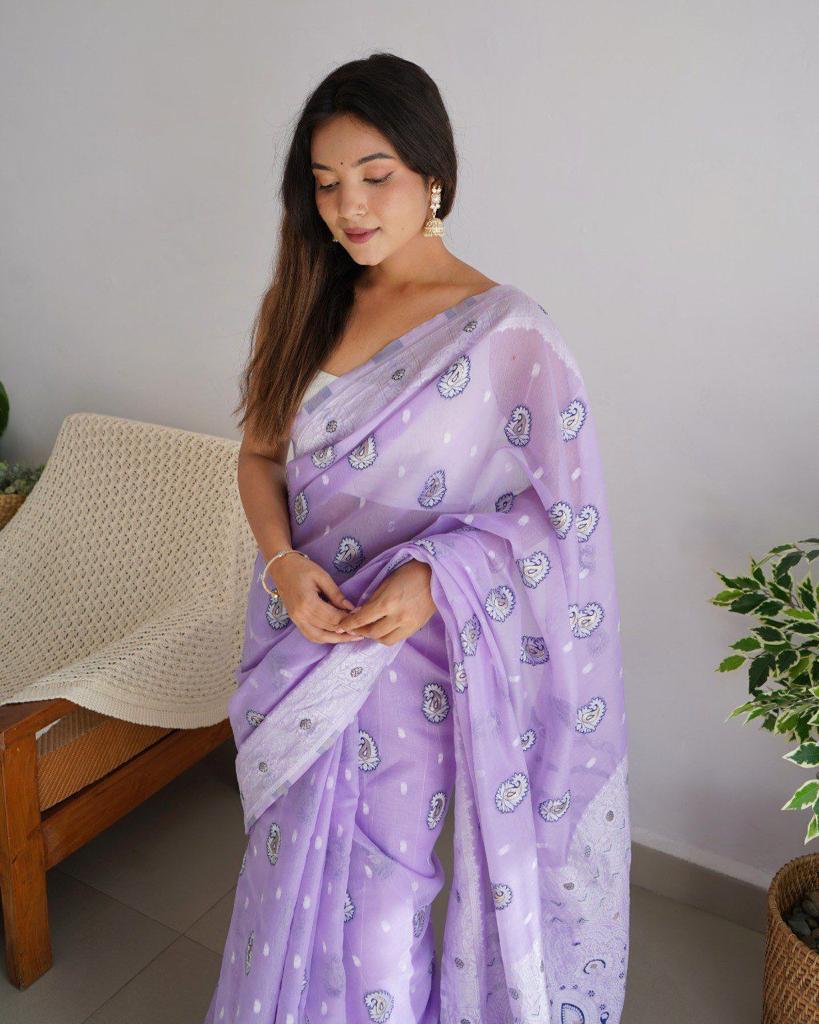 Delightful Lavender Color Cotton Linen Silk Saree With Blouse Piece