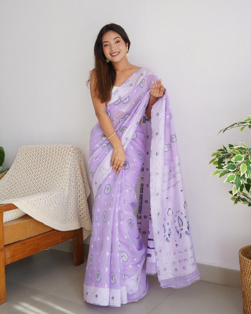 Delightful Lavender Color Cotton Linen Silk Saree With Blouse Piece