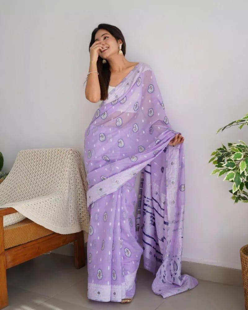 Delightful Lavender Color Cotton Linen Silk Saree With Blouse Piece