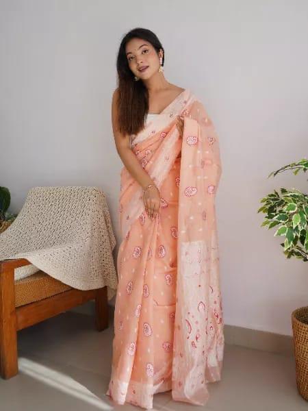 Captivating Peach Color Cotton Linen Silk Saree With Blouse Piece