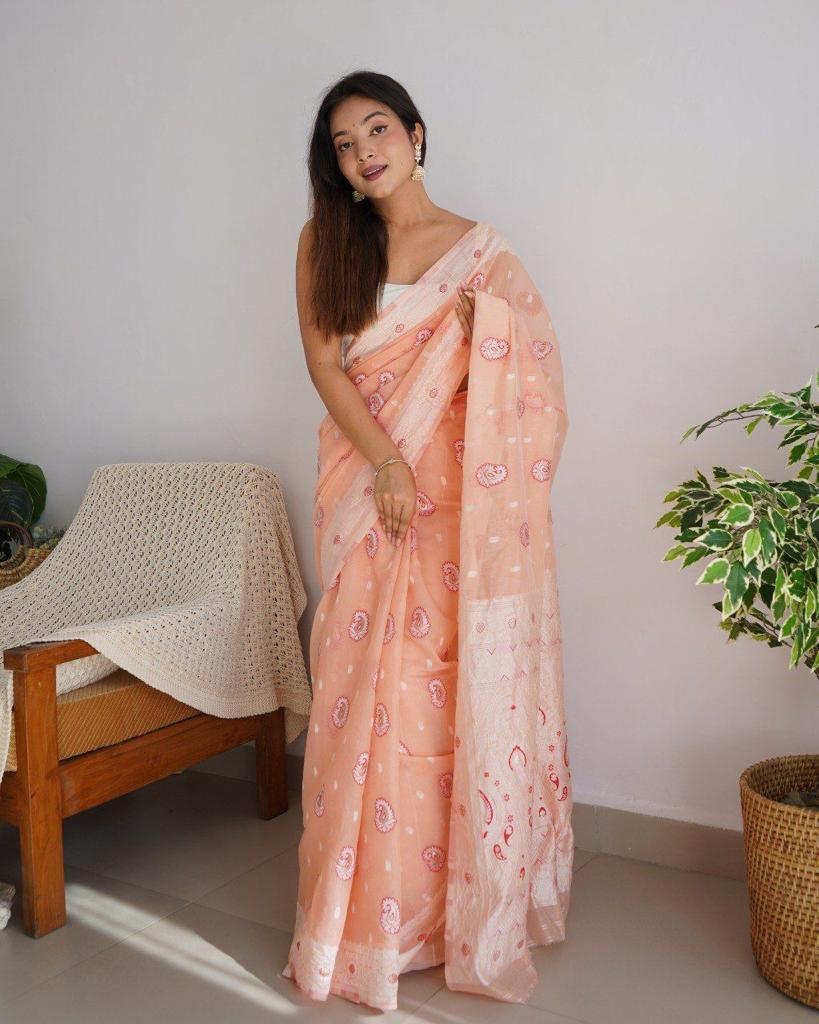 Captivating Peach Color Cotton Linen Silk Saree With Blouse Piece