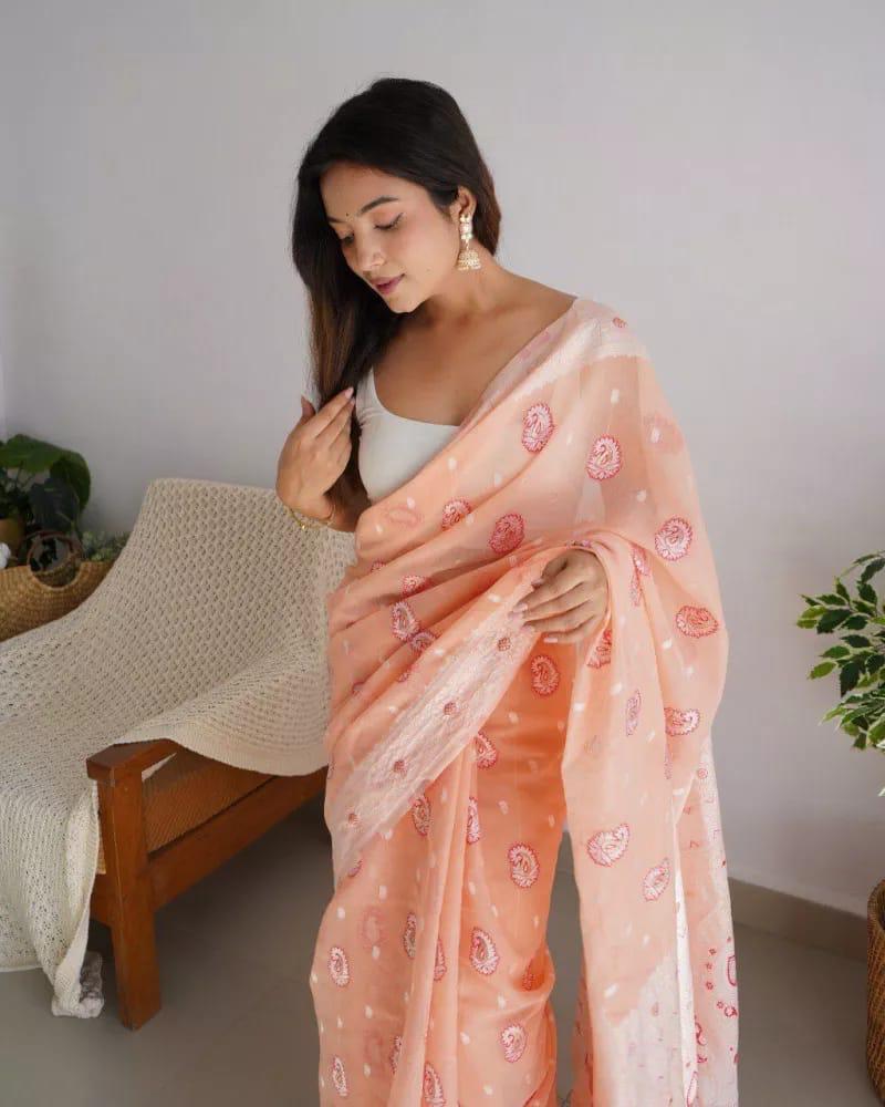 Captivating Peach Color Cotton Linen Silk Saree With Blouse Piece