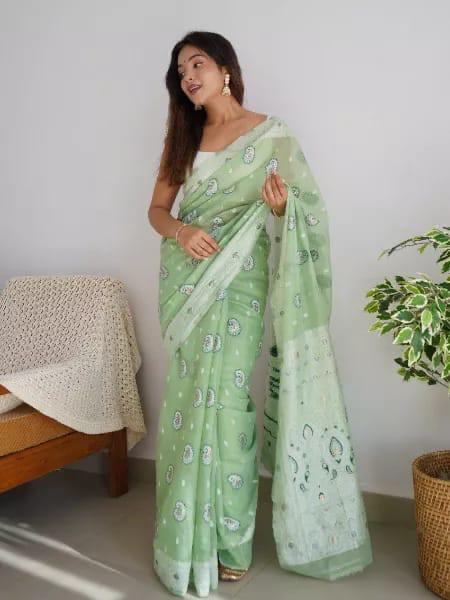 Bewitching Pista Color Cotton Linen Silk Saree With Blouse Piece