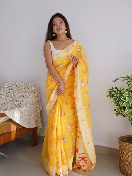 Enigmatic Yellow Color Cotton Linen Silk Saree With Blouse Piece