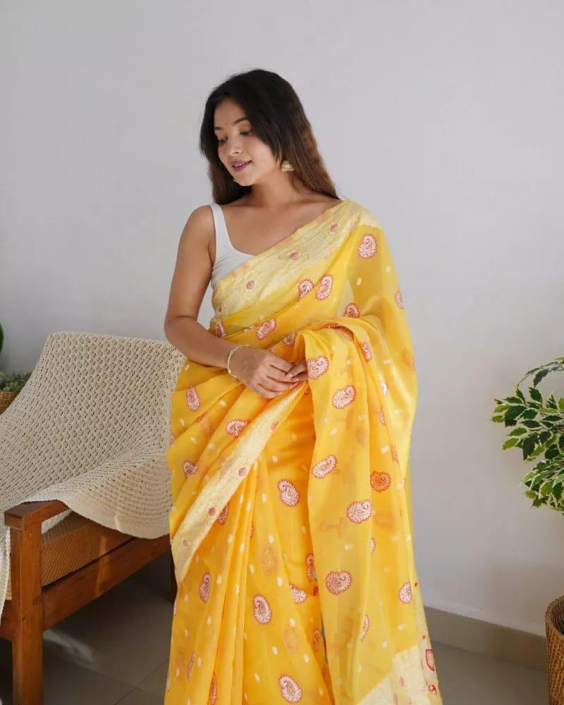 Enigmatic Yellow Color Cotton Linen Silk Saree With Blouse Piece