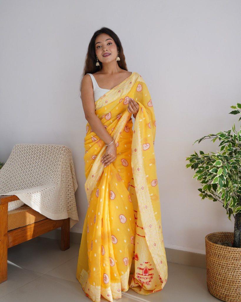 Enigmatic Yellow Color Cotton Linen Silk Saree With Blouse Piece