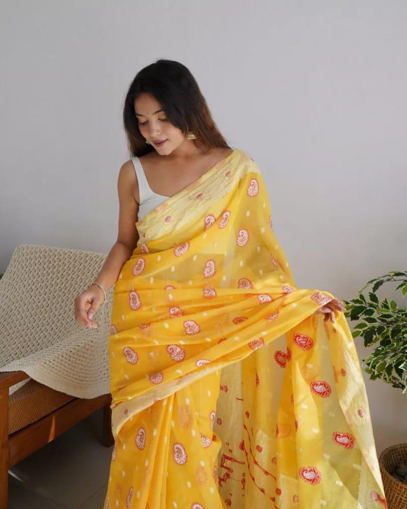 Enigmatic Yellow Color Cotton Linen Silk Saree With Blouse Piece