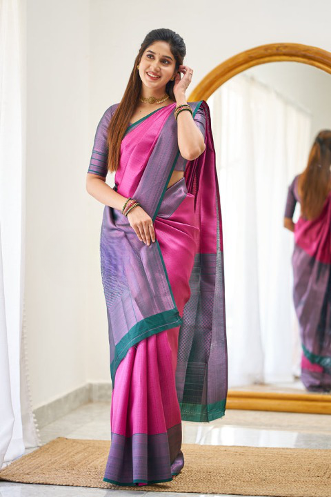 Charming Dark Pink Color Soft Lichi Silk Saree With Blouse Piece