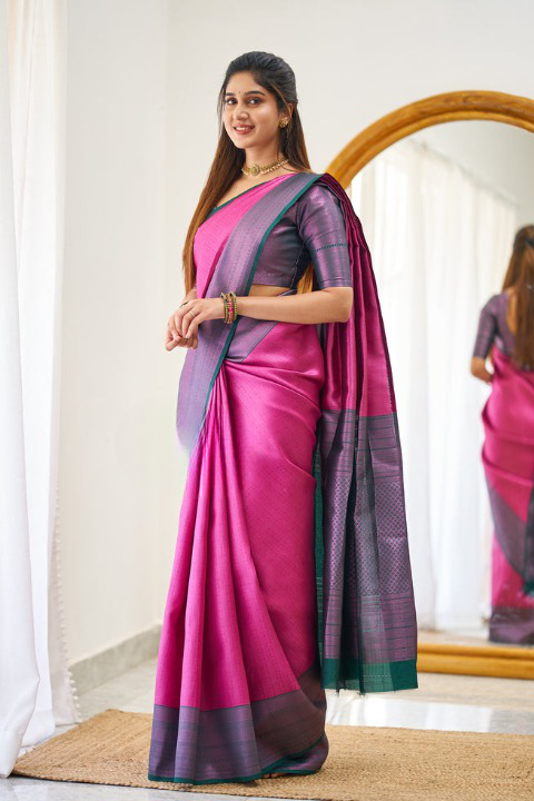 Charming Dark Pink Color Soft Lichi Silk Saree With Blouse Piece