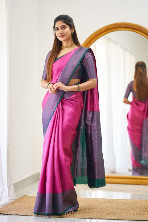 Charming Dark Pink Color Soft Lichi Silk Saree With Blouse Piece