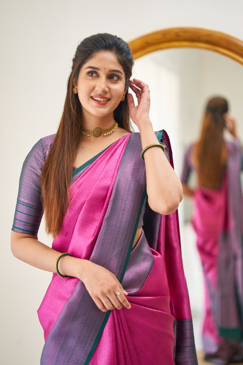 Charming Dark Pink Color Soft Lichi Silk Saree With Blouse Piece