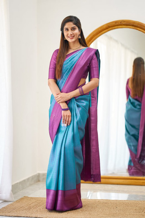 Enchanting Firozi Color Soft Lichi Silk Saree With Blouse Piece