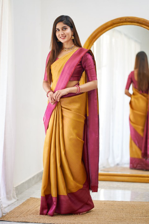 Sensual Mustard Color Soft Lichi Silk Saree With Blouse Piece