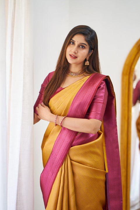 Sensual Mustard Color Soft Lichi Silk Saree With Blouse Piece