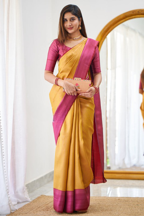 Sensual Mustard Color Soft Lichi Silk Saree With Blouse Piece