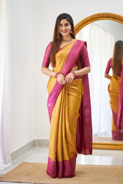 Sensual Mustard Color Soft Lichi Silk Saree With Blouse Piece