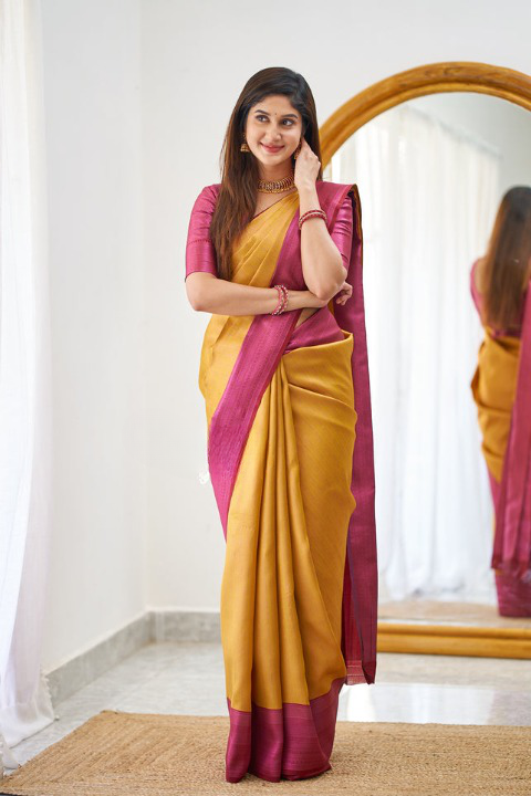 Sensual Mustard Color Soft Lichi Silk Saree With Blouse Piece