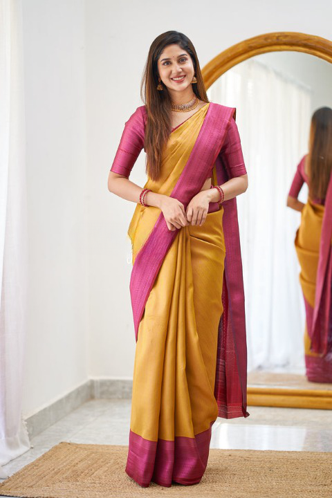 Sensual Mustard Color Soft Lichi Silk Saree With Blouse Piece