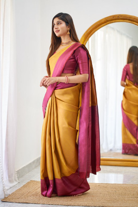 Sensual Mustard Color Soft Lichi Silk Saree With Blouse Piece