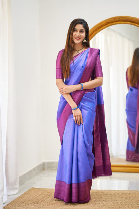 Dynamic Royal Blue Color Soft Lichi Silk Saree With Blouse Piece