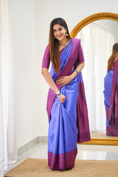 Dynamic Royal Blue Color Soft Lichi Silk Saree With Blouse Piece